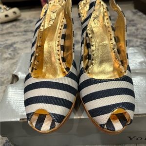 Yoki blue & white striped peep toe heel.